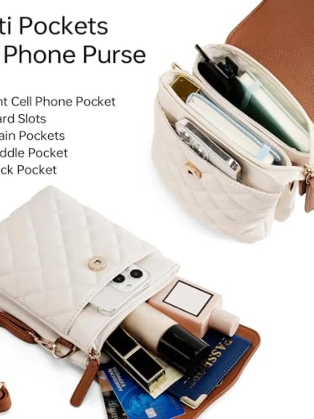 RFID Quilted Vegan Leather Compact Cell Phone Crossbody Purse